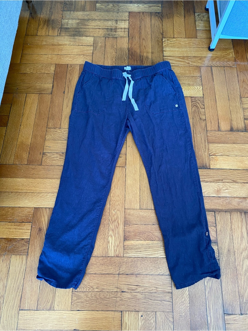 Roxy Navy Linen Blend Roll Tab Jogger Pants Women’s Large L 12 Coastal Casual - Picture 2 of 7